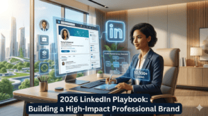 "LinkedIn profile optimization guide showing professional profile sections, career branding, networking, and AI tools."